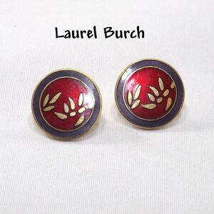 Laurel Burch Bamboo Red Post Earrings, Cloisonné Gold Plated, 1980s Vintage